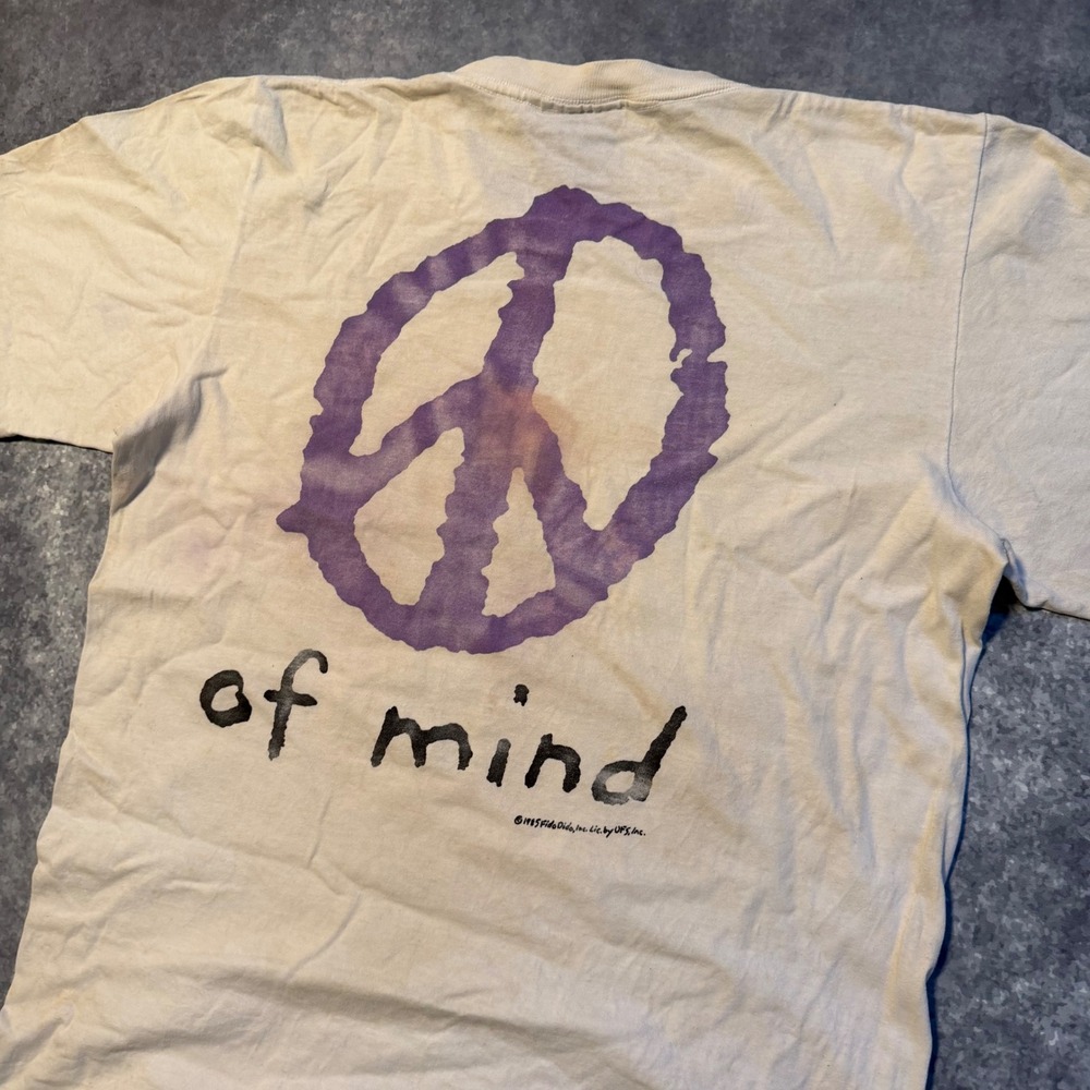 Vintage 1985 Fido Dido Peace of Mind T-Shirt Changes Tag Mens Large Cream Purple - Picture 6 of 9
